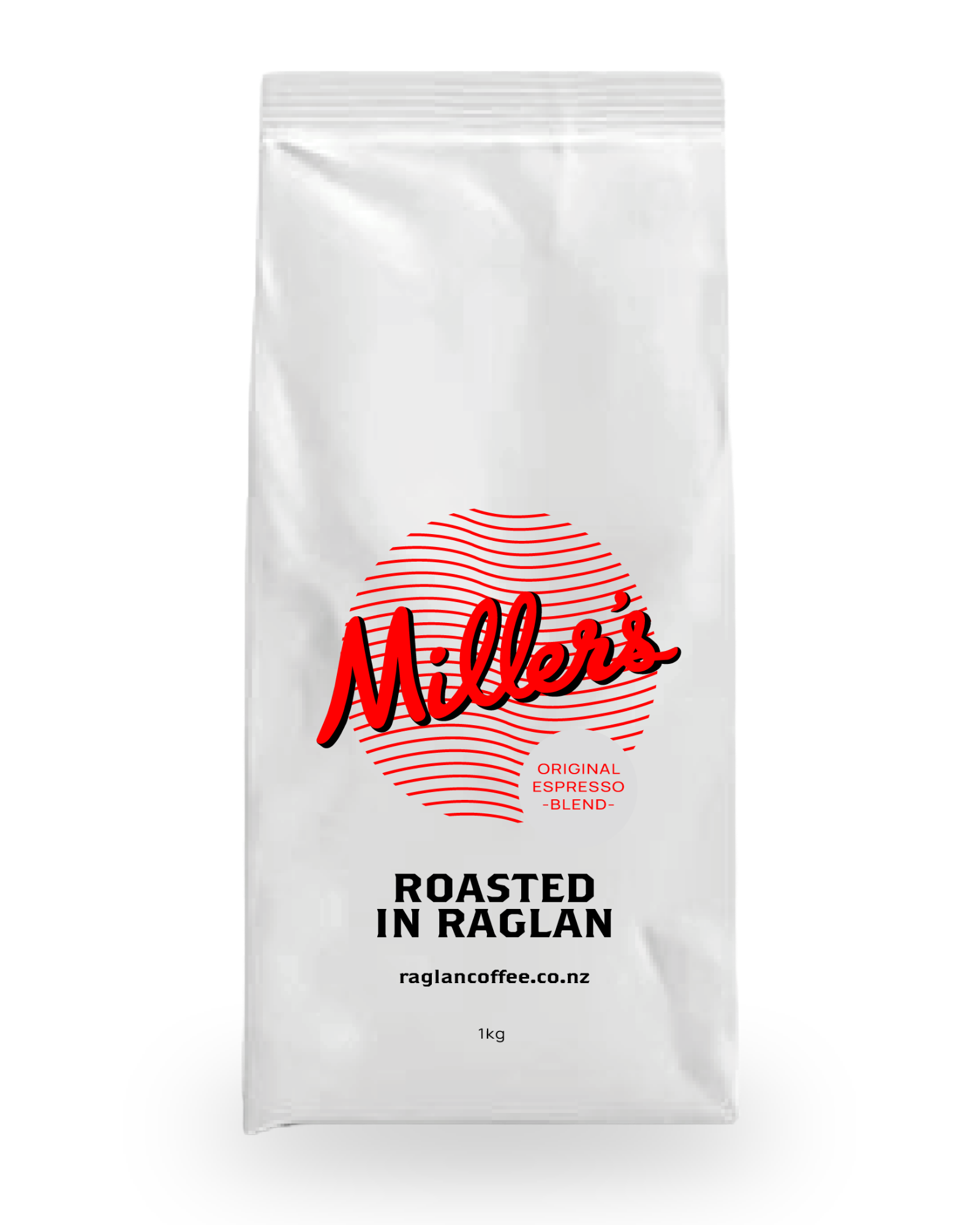 Raglan Coffee Company - Miller’s Coffee Espresso Blend 1 KG coffee bag with Miller's logo in red. Roasted in Raglan