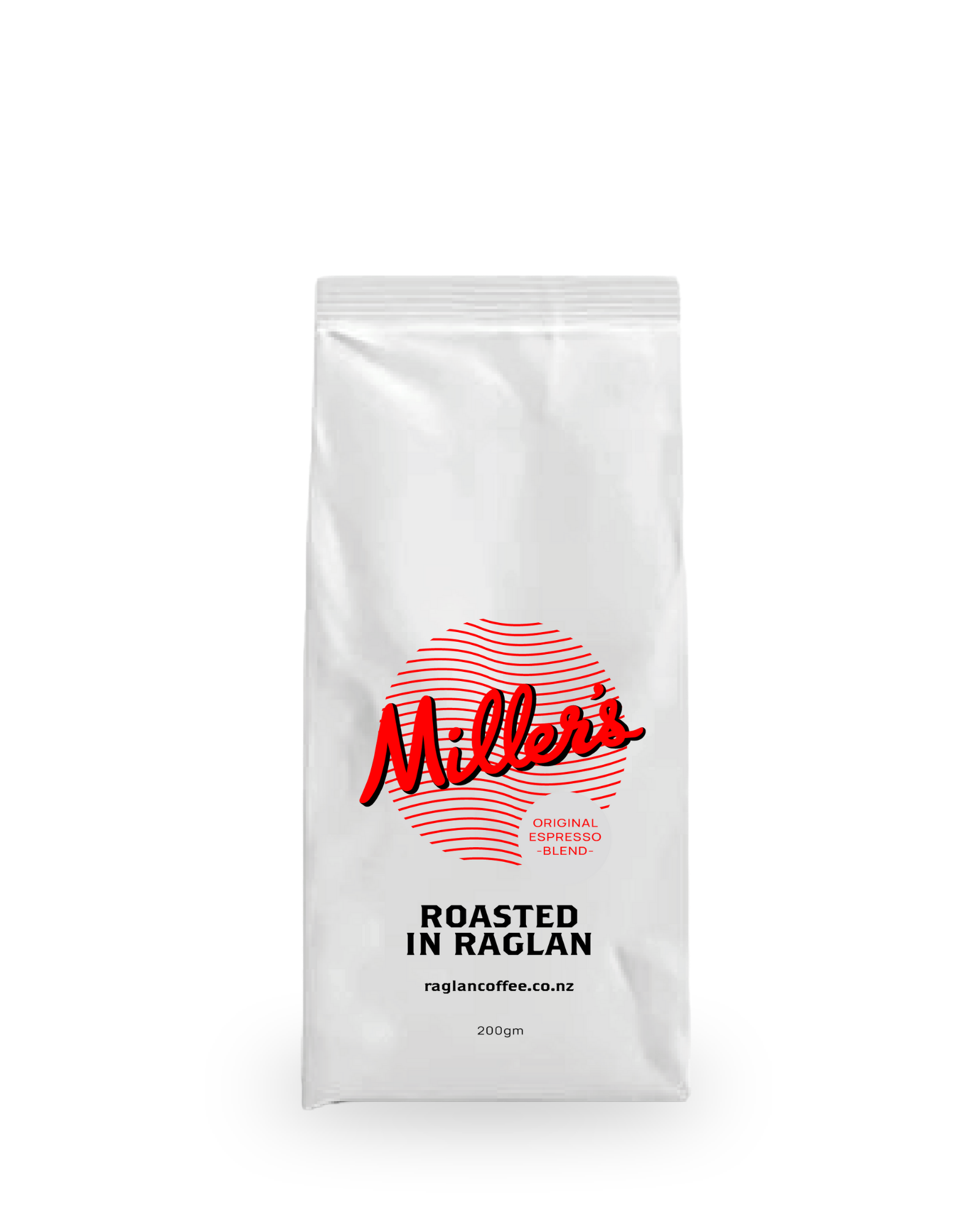 Raglan Coffee Company - Miller’s Coffee Espresso Blend 200gm coffee bag with Miller's logo in red. Roasted in Raglan