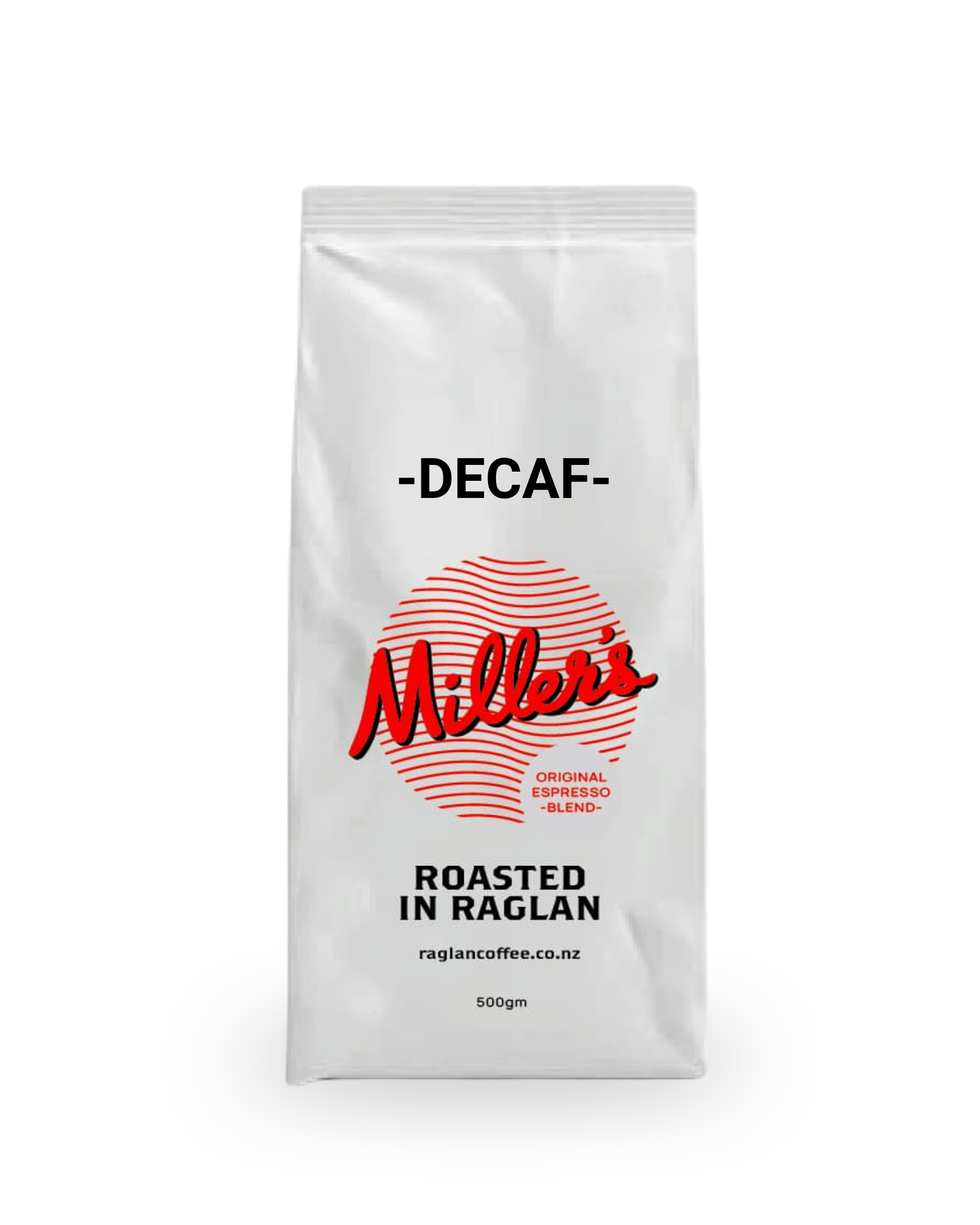 Miller's Coffee Espresso Blend Decaf coffee 500gm bag with Miller's logo in red on a white coffee pouch