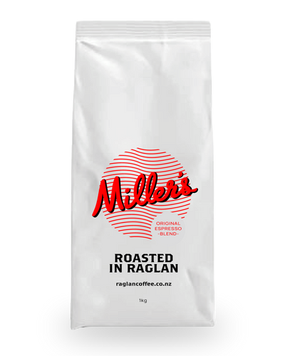 Raglan Coffee Company - Miller’s Coffee Espresso Blend  1 KG coffee bag with Miller's logo in red. Roasted in Raglan