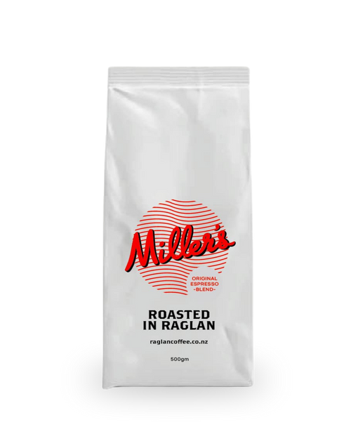 Raglan Coffee Company - Miller’s Coffee Espresso Blend  500gm coffee bag with Miller's logo in red. Roasted in Raglan