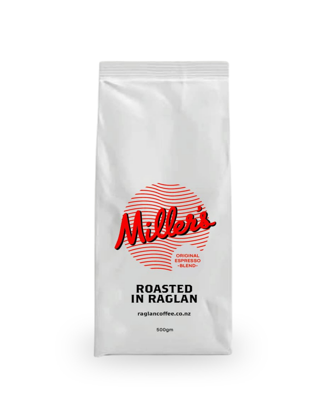 Raglan Coffee Company - Miller’s Coffee Espresso Blend  500gm coffee bag with Miller's logo in red. Roasted in Raglan
