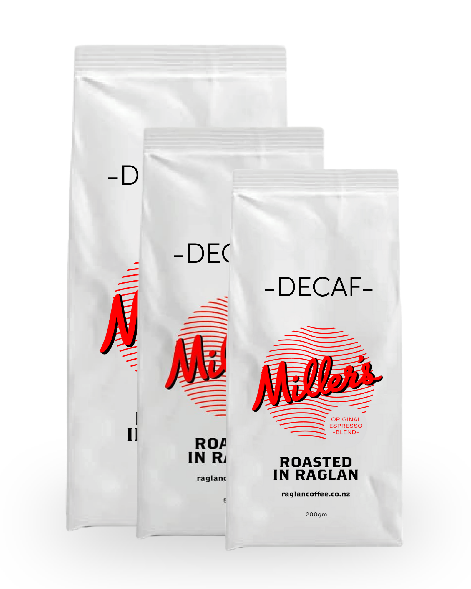 Miller's Coffee Espresso Blend Swiss Water Decaf. Three sizes available to purchase from Raglan Coffee Company